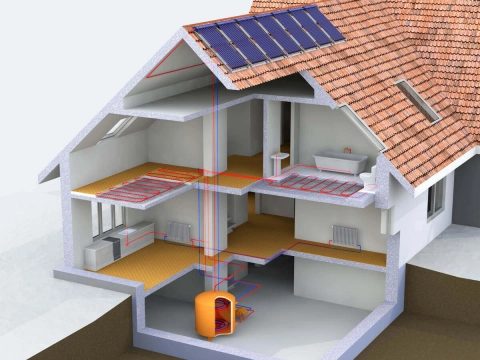 Die Grafik zeigt den Aufbau einer Solarthermie-Anlage in einem Haus-Querschnitt.